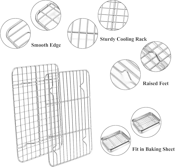 Baking Sheet with Rack Set, Yododo Set of 4 (2 Sheets + 2 Racks), Stainless Steel Cookie Sheet Baking Pan Tray with Cooling Rack, Non Toxic & Heavy Duty & Easy Clean - Size of 9 inch