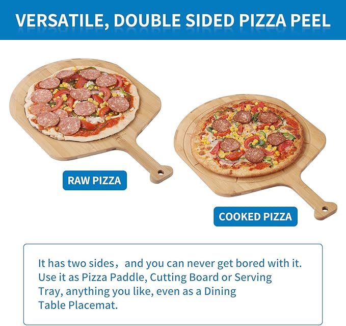 18” Bamboo Pizza Peel - Lightweight Smooth Wooden Pizza Paddle and Pizza Cutting Board with 8 Slice Grooves, Outdoor Pizza Oven Accessories, 25.6 Inch x 18 Inch