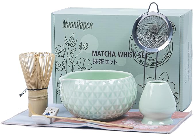 Matcha Whisk Bowl Set, 7PCS All-in-One Japanese Tea Set Includes Matcha Bowl with Spout, Bamboo Whisk (Chasen) with Stand, Scoop, Sifter, Complete Kit for Ceremony, Gift for Matcha Tea Lovers(Green)