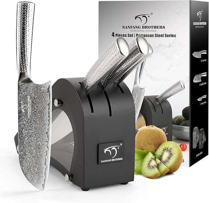 Damascus Kitchen Knife Set with Block, 4 Pieces Knife Block Set with Hammered Patterns Ergonomic Handles, 67 Layer Handmade Damascus VG10 Steel Core NF-D0519T-4B