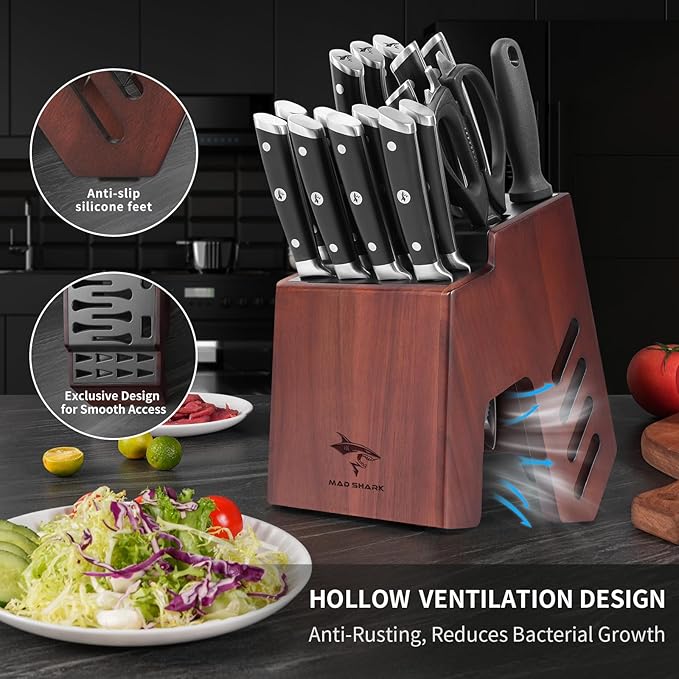 MAD SHARK Knife Set, 17 Pieces Kitchen Chef Knife Set with Block, Precision Forged High Carbon Stainless Steel Ultra Sharp Knives Block Sets, Home Cooking Perfect Cutlery Set Gift Box