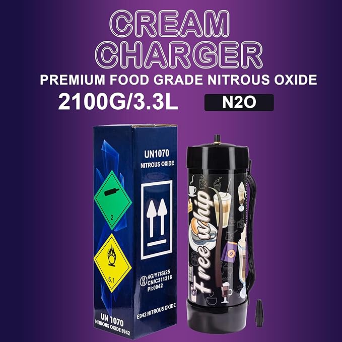3.3L Whipped Cream Charger Tank, 2100G Food Grade Nitrous gas Cartridges for Desserts & Cocktails, Fits with Any Standard Dispensers, Leak Proof Steel (2Pack)