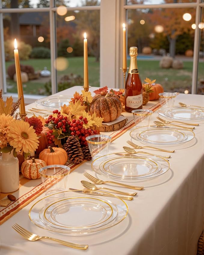 bUCLA 300Pcs Clear Gold Plastic Disposable Dinnerware Set - Clear Plates with Gold Trim Include 50 Dinner / 50 Dessert Plates,50 Cups,150 Plastic Silverware Set for Party, Fall & Thanksgiving
