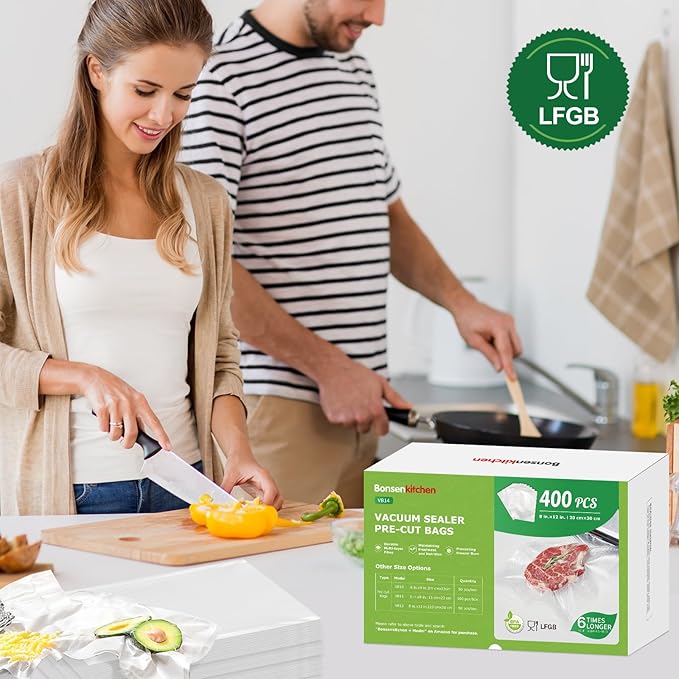 Bonsenkitchen Vacuum Sealer Bags,400 Quart 8" x 12" Precut Food Sealer Bags, Commercial Grade, BPA Free, Heavy Duty, Customized Size Vacuum Bags for Vac Storage, Meal Prep or Sous Vide Cooking, VB14