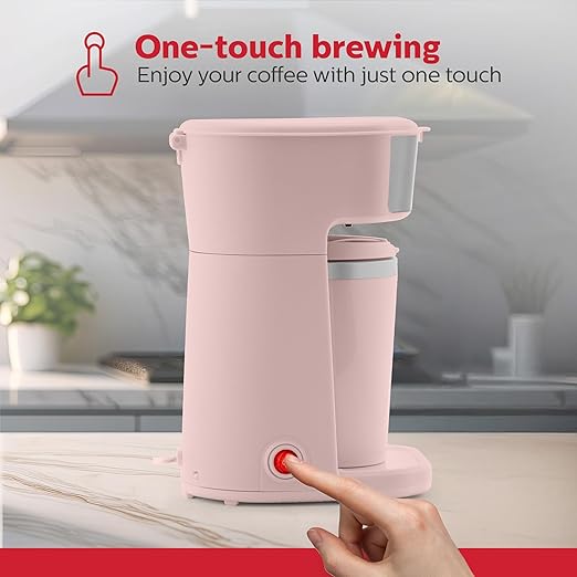 Holstein Housewares Personal Coffee Maker with 14oz Travel Mug – Compact One-Touch Brew Machine with Reusable Filter, Auto Shut-Off, Non-Stick Plate, Ideal for Home, Office, or Dorm. Pink