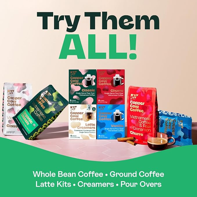 Copper Cow Premium Vietnamese Ground Coffee, 10 OZ | Churro Flavored Coffee | Dark Roast Made with Real Cinnamon | Vietnamese Coffee