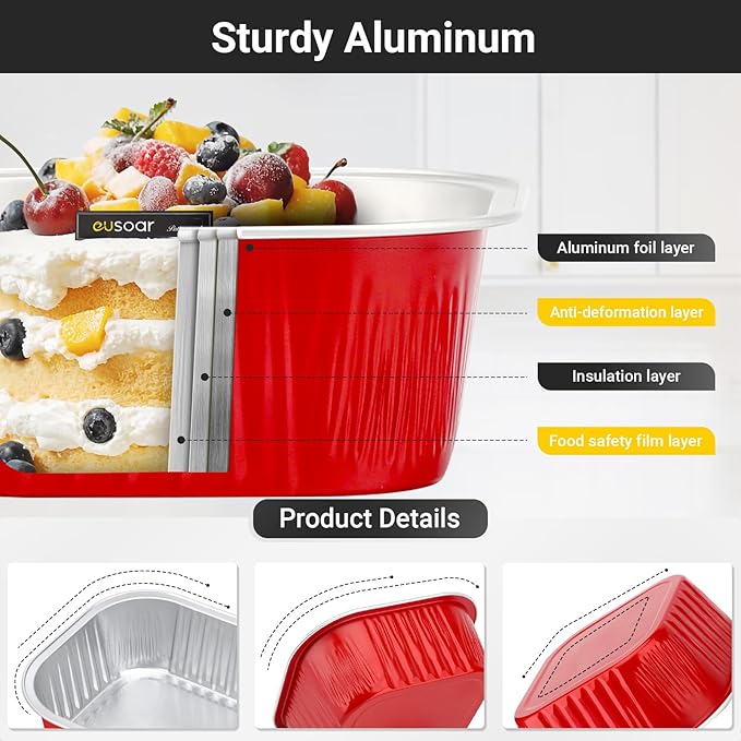EUSOAR Disposable Ramekins with lids, 10oz 50pcs Square Baking Cups with Lids, 300ml Muffin Liners Snacks Desserts Flan, Pie Ramekin, Recyclable Catering Gathering Wedding Party Favor Baking Cups-Red