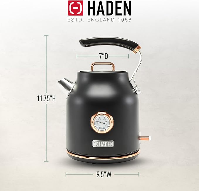 Haden Dorset 1.7 Liter Stainless Steel Electric Kettle, Hot Water Kettle with 360-Degree Base and Auto Shutoff, Black & Copper