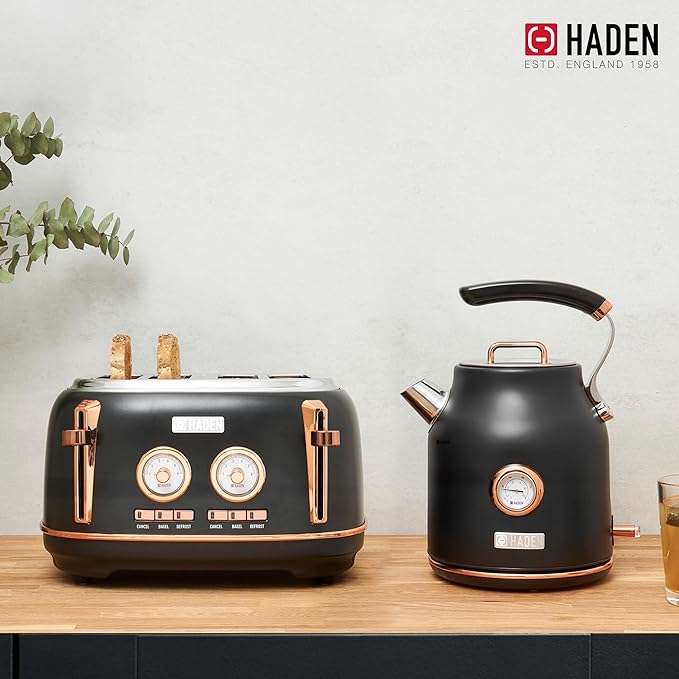 Haden Dorset 1.7 Liter Stainless Steel Electric Kettle with 360-Degree Base Bundled with 4 Slice Wide Slot Stainless Steel Toaster, Black & Copper