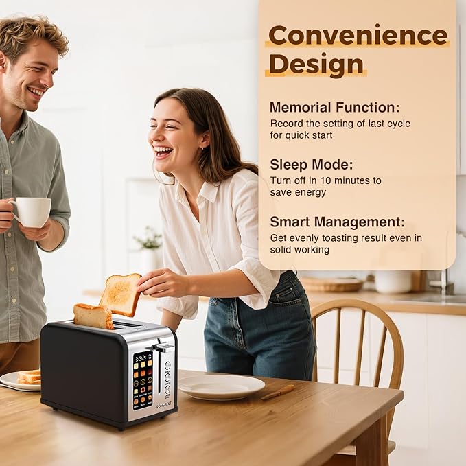 2 Slice Touch Screen Toaster, Stainless Steel Toaster with Wide Slots for Bagels and Bread, Reheat/Defrost/Cancel Functions, Removable Crumb Tray, Matt Black