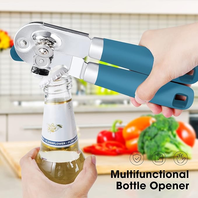 Beneno Heavy Duty Hand Can Opener Manual with Magnet, Durable Sharp Carbon Steel Blade Smooth Cutting, Big Effort-Saving Knob & Soft Grip Handle, Multifunctional Kitchen Tool with Bottle Opener, Aqua