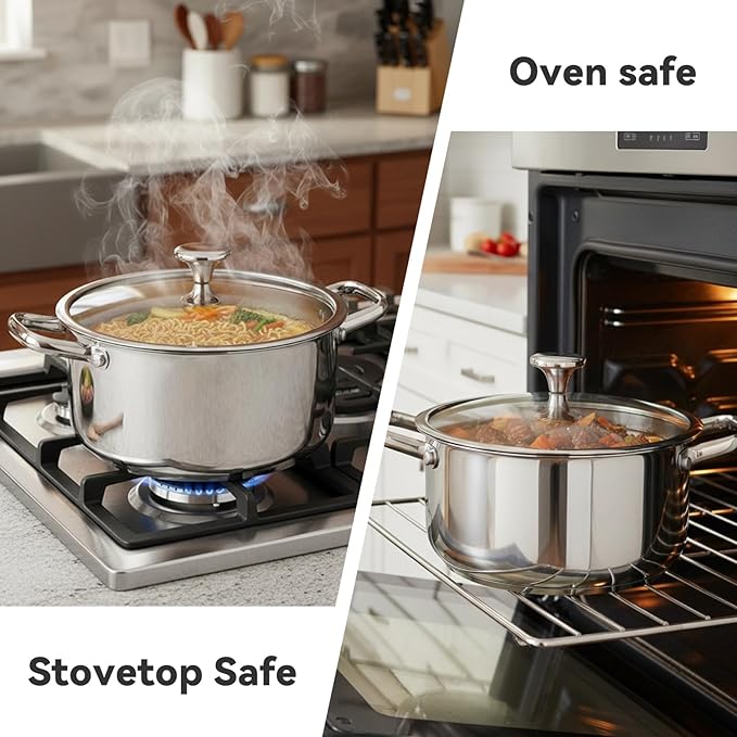 6QT Stock Pot, 316L Stainless Steel Stockpot with Lid, Professional Multi-Use Soup & Pasta Cooking Pot, Oven, Gas and Dishwasher Safe