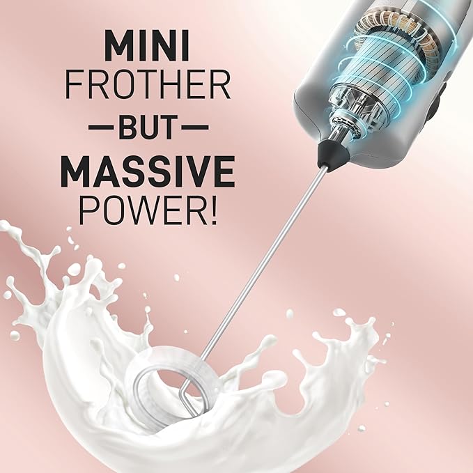 Powerful Milk Frother Wand - Mini & Mighty Handheld Drink Mixer - Portable Coffee Frother For Latte, Cappuccino, Matcha, Hot Chocolate, Creamer - Silver Black