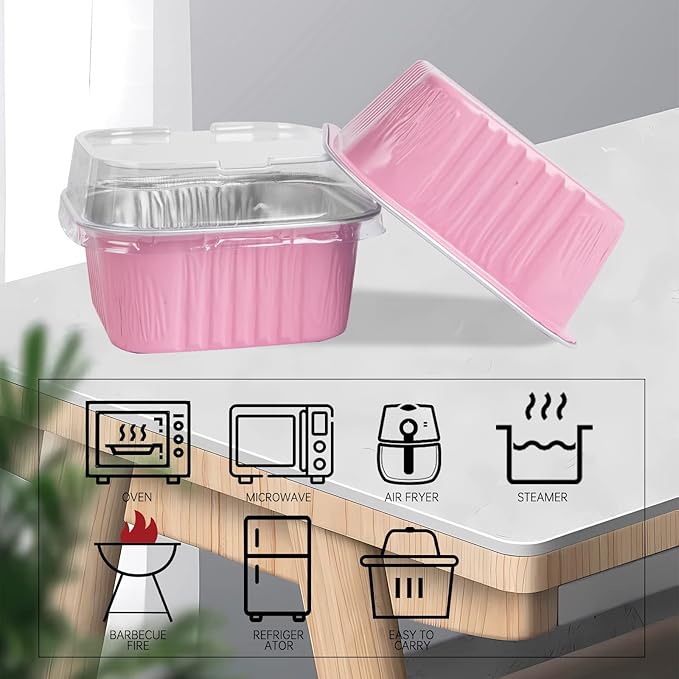 50 Pcs Mini Square Baking Cups with Lids,5oz Aluminum Foil Mini Cake Pans with Lids,Disposable Ramekins Cake Pans,150ml Dessert Cups Cupcake Pans for Wedding Birthday Party,Pink