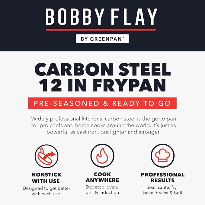 GreenPan x Bobby Flay 12" Carbon Steel Frying Pan Skillet, Pre-Seasoned Ready to Use, Nontoxic, PFAS-Free, Induction Compatible, High Heat & Oven Safe Durable Cookware, Cast Iron Alternative