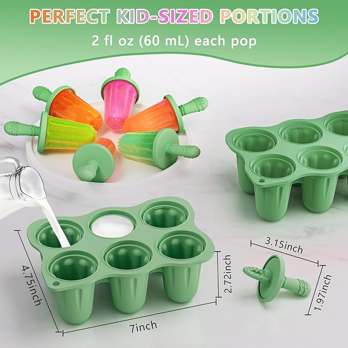 Silicone Popsicle Molds for Toddlers, 6-Cavity x 2oz Food-Grade Ice Pop Mold, Reusable DIY Fresh Fruitsicle Frozen Treats Maker (GREEN)