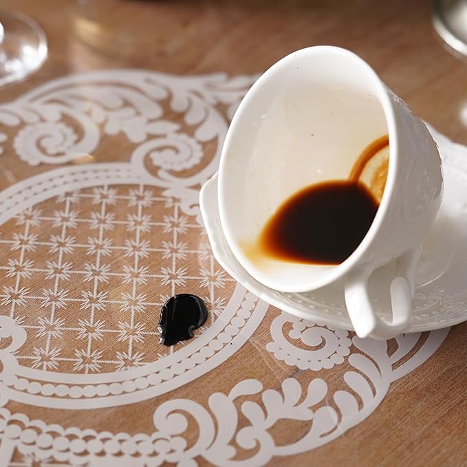 Rectangle Waterproof Clear Table Cover Protector Vinyl Table Cloth Oil Spill Proof Wipe Clean Lace Plastic Tablecloths for Dining Tables (White, 60 x 104 Inches)