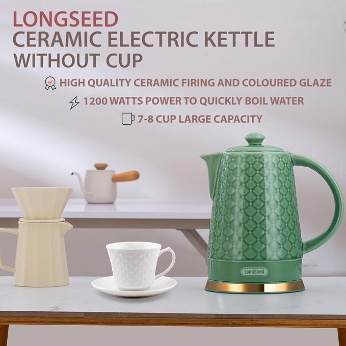 Ceramic Electric Kettle, 1.5L/1200W Boil Water Quickly and Easily with Boil-Dry Protection Auto Shut Off, Detachable Swivel Base, Green Relief Carving