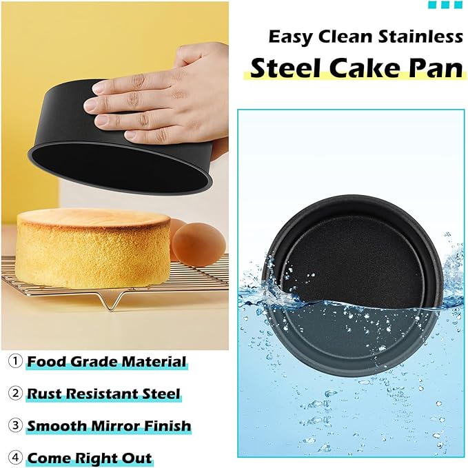 LIANYU 6 Inch Cake Pan Set of 3, Stainless Steel Round Smash Cake Baking Pans Tins, Bakeware for Birthday Wedding Party, Leak-proof & Nonstick, Dishwasher Safe, Black