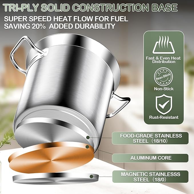 Stainless Steel Stock Pot,100 QT Large Stock Pot with Lid, Heavy Duty Tri-Ply Bottom Commercial Grade Stock Pots for Boiling Cooking Soup Stew Thick Bottom Deep Cookware Big Stockpots