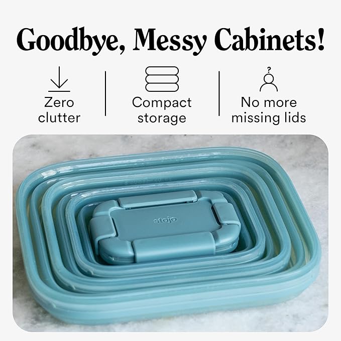 Stojo Nestable Collapsible Food Storage Container -Set of 4, Eucalyptus- Leak-Proof Airtight Seal Made With Food Grade Silicone For Meal Prep, Lunch Box, Pantry Organizer - Microwave & Dishwasher Safe