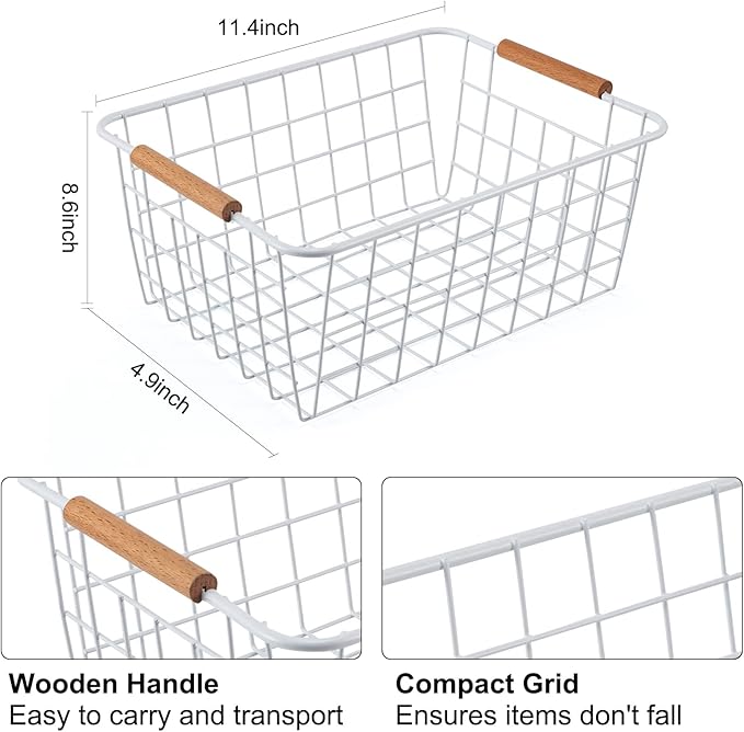Wire Basket 4 Pcs Wire Storage Baskets Wire Baskets Organizing with Wooden Handles Wire Basket Pantry Organization and Storage Metal Wire Food Storage Basket for Kitchen, Cabinets (White 4PCS)