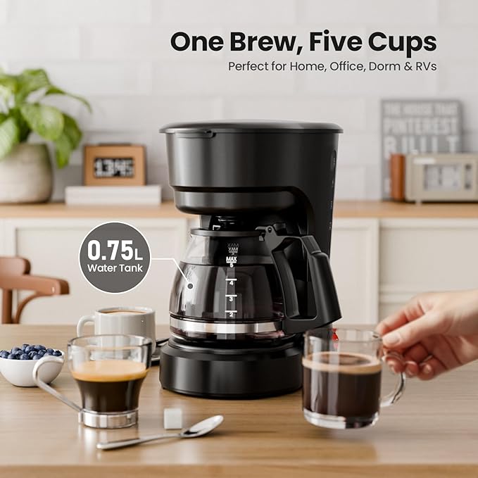 Kismile 5 Cup Coffee Maker, 0.75L Small Drip Coffee Machine with Anti-Drip Design, Dry Burn Protection, Removable Filter Funnel, Easy Mechanical Switch, Black