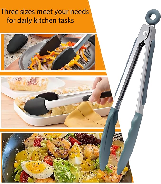 Kitchen Tongs with Silicone Tips,Tongs for Cooking Heat Resistant 600 Degrees Stainless Steel Locking Tongs,Dark green Set of 3-7", 9" and 12"