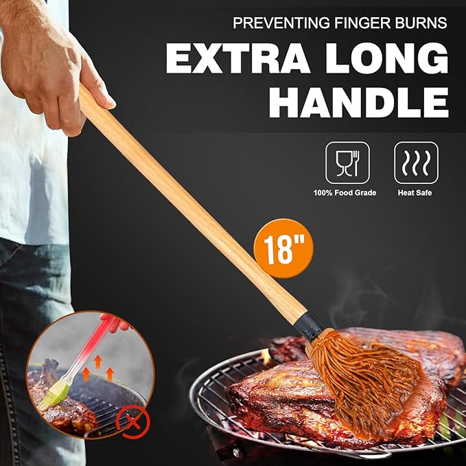 Walfos Basting Brush Silicone and BBQ Mop, Grill Basting Mop with 3 Heads and 2Pcs Pastry Brushes, Wooden Long Handle, Heat Resistant for Grilling, Smoking Steak, Kitchen Cooking (18"）