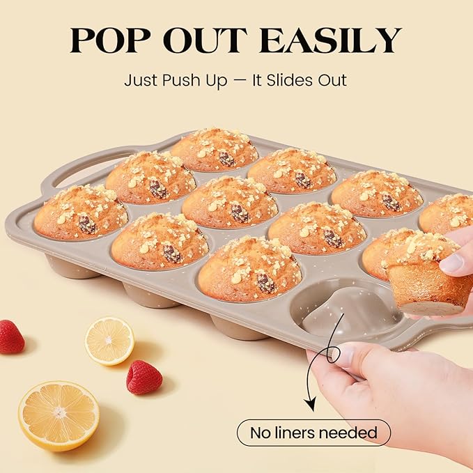 Vinino Silicone Muffin Pans for Baking with Metal Reinforced Frame, 12 Cups Regular Size Nonstick Brown Silicone Cupcake Pan, BPA Free Oven Dishwasher Safe Baking Mold for Muffins Cupcakes