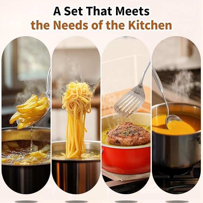 Newness 4 Pcs Cooking Utensils Set, 304 Stainless Steel Kitchen Utensils Set, Metal Kitchen Accessories, Include Soup Ladle, Slotted Skimmer Spoon, Spaghetti Spoon and Spatula, Dishwasher Safe