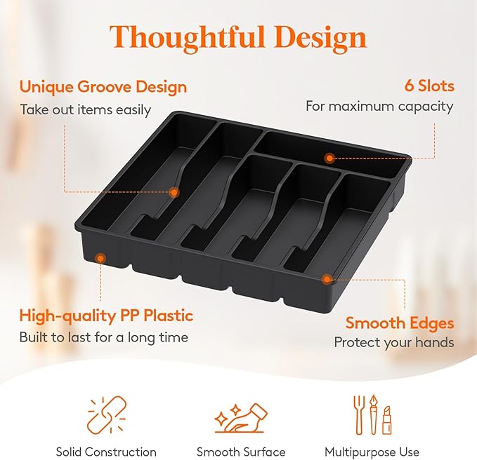 Lifewit Silverware Drawer Organizer Tray, Plastic Cutlery Storage for Kitchen Drawer, Flatware and Utensil Holder Divider for Spoons Forks Knives Tableware, 6 Compartment, Black