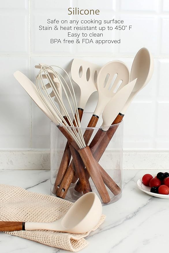 Country Kitchen Non Stick Silicone Utensil Set with Rounded Wood Handles for Cooking and Baking, 8 Piece Set, Khaki