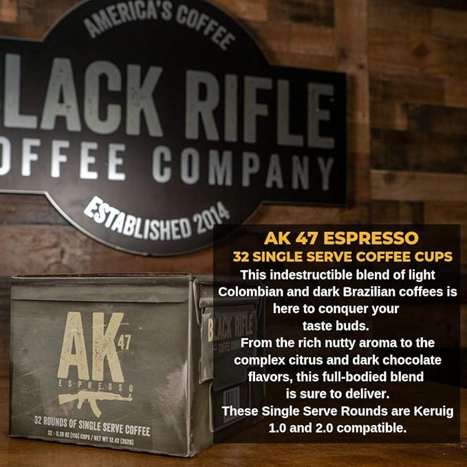 Black Rifle Coffee Company AK Espresso, 32 Count, Medium Roast K Cups - Single Serve K Cups Coffee Pods - Kcup Pods Compatible with Keurig 1.0 & 2.0 - Made from Arabica Beans
