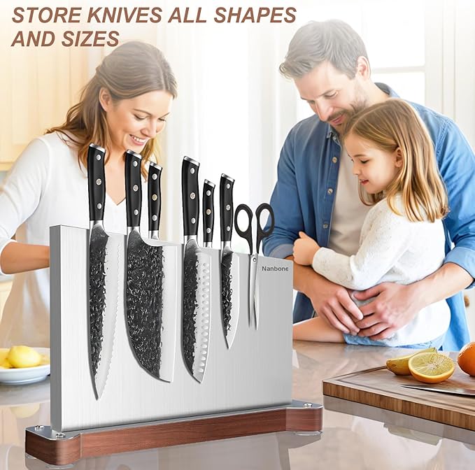 Magnetic Knife Block Without Knives Large Double Side Magnetic Knife Holder Stand with Strong Magnet, Stainless Steel Knife Storage Organizer for Kitchen Counter Knife Rack Three Magnet Strip