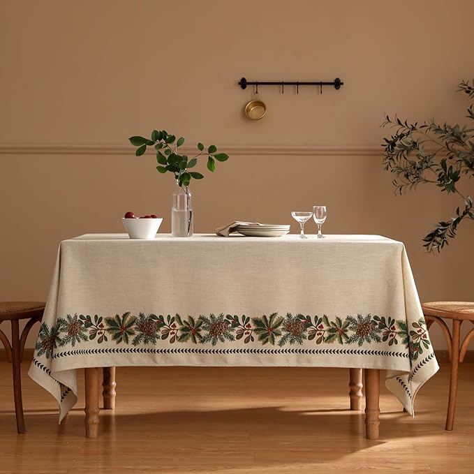 ISAENNE Designer Christmas Linen Long Rectangle Tablecloth,Light Beige Western Table Cloth,Wrinkle Resistant Decor Tablecloths for Dining Thanksgiving Kitchen Christmas,63"*94"-Carol G