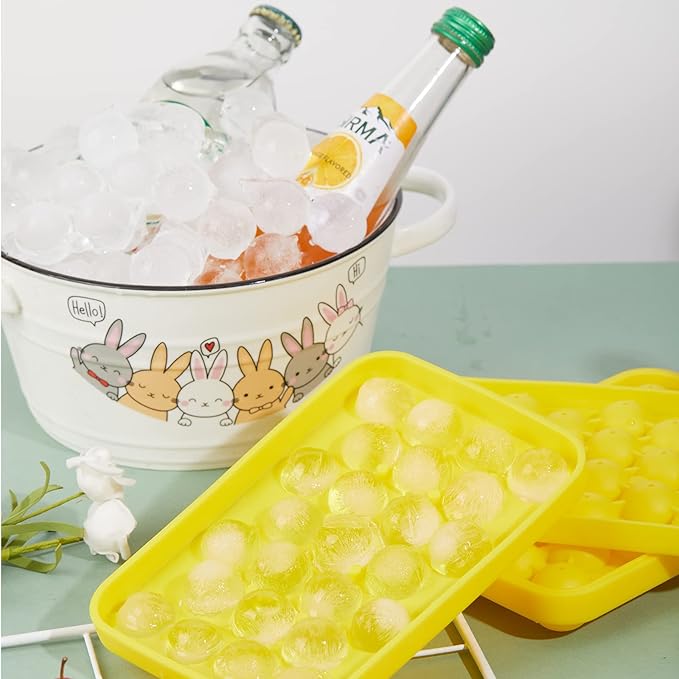 Round Ice Cube Tray 2 Pack BPA Free Silicone Flexible Easy Release 1.1 Inch x 50PCS Small Ice Ball Maker Mold for Whiskey, Cocktail, Chilling (Yellow)