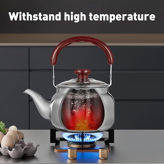LIFKOME Traditional Stainless Steel Heavy Duty Tea Kettle With Sandwich Bottom and Specialty Cool Touch Handling Mirror Finish Stainless Steel Whistling Tea Kettle Stove Top