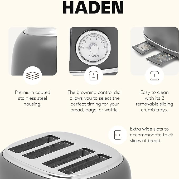 Haden Chelsea 4 Slice Wide Slot Toaster with Adjustable Browning Control, Grey & Chrome