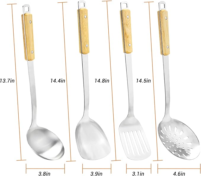 FJNATINH Cooking Utensils - Spatula, Ladle, Skimmer Spoon, Slotted Spatula - 4 Pieces Stainless Steel Wok Utensils Set for Carbon Steel