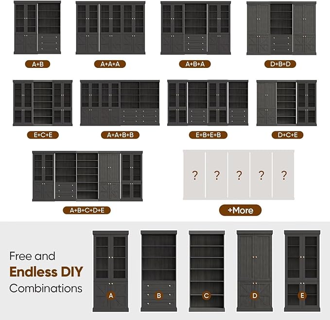 70.8" Tall Black Bookshelf with Glass Doors, Farmhouse Modular Bookcase with 6-Tier Adjustable Shelves, Large Storage Cabinet for Home Office, Living Room