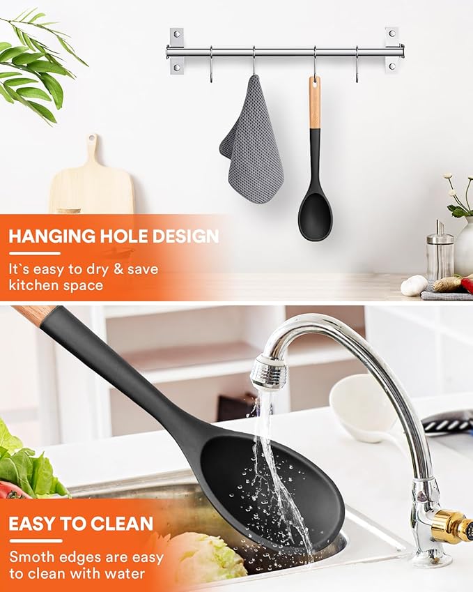 Large Silicone Cooking Spoons, Nonstick Solid Wooden Handle Spoon, Heat Resistan Silicone Kitchen Spoons for Cooking, Serving, Basting, Mixing, 13.2inch (Black)