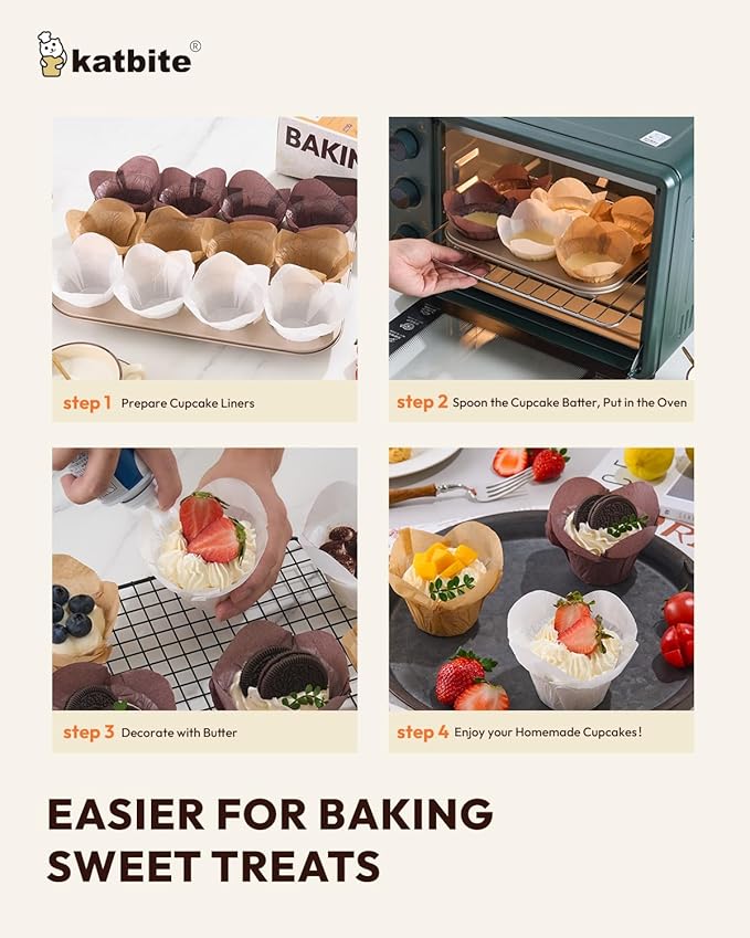 Lotus Tulip Cupcake Liners 200pcs - Katbite Premium Parchment Baking Cups, Non-Stick & Heat-Resistant, Perfect for Parties, Weddings, Birthdays, Christmas, Baby Showers