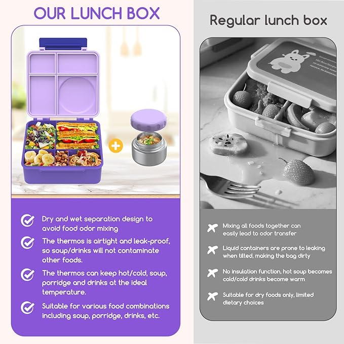 Bento Box for Kids - Leak-Proof Bento Lunch Box with Insulated Thermos Food Jar - 4 Compartments, 1 Removable Divider, 1Spoon, 1 Fork - Dishwasher Safe, BPA-Free (Light purple)