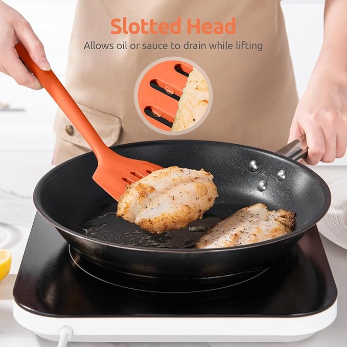 600ºF Heat Resistant Slotted Turner: U-Taste 13.6in Silicone Kitchen Spatula Flipper, 3.74in Wide Food Grade Flexible Thin Rubber Cooking Utensil for Egg, Pancake, Cookie in Nonstick Cookware (Orange)