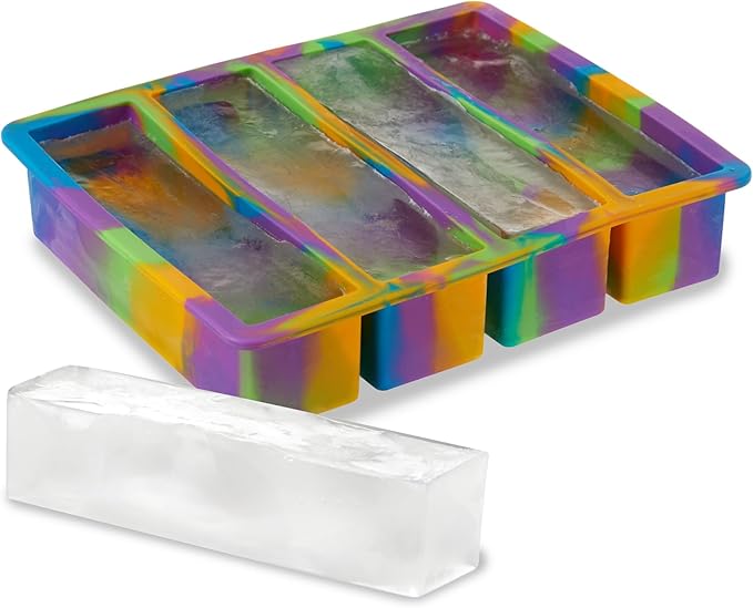 Host Ice Cube Tray, Makes Four 5-Inch Long Cubes, Durable Silicone Trays with Easy Release Design, Perfect for Water Bottles and Highball Glasses, Home Bar Accessories, Set of 1, Colored Marble
