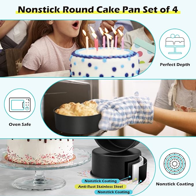 LIANYU 6 inch Cake Pans for Baking, Round Cake Pan Set of 4, Nonstick Stainless Steel Baking Tin Bakeware for Birthday Wedding Party, Non Toxic Coating, 3 Inch Deep, Black