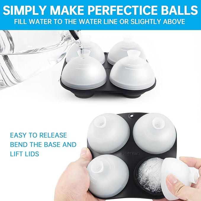 HONYAO Silicone Whiskey Ice Ball Mold - 2.4 Inch Large Ice Cube Trays Molds Silicone with Lids - Ice Sphere Maker for Cocktails, Bourbon, Rum - 2 x 4 Iceballs