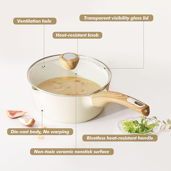 SENSARTE 1.5 & 2.5 Quart Ceramic Sauce Pan Sets with Lid, Cooking Pots Set, Nonstick Saucepan Set with Pour Spout, Small Kitchen Pot, Non toxic Saucepot, Induction Comptable, PFOA PTFE PFAS Free