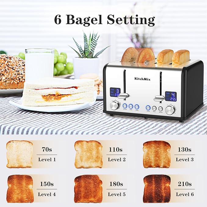 Toaster 4 Slice, KitchMix Bagel Stainless Toaster with LCD Timer, Extra Wide Slots, Dual Screen, Removal Crumb Tray (Black)
